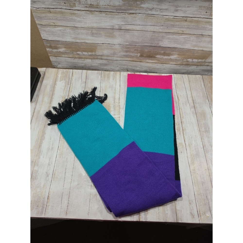 Vintage 7.5"x76" Style Colorblock Knit Fringe Scarf Pink Teal Purple Black USA